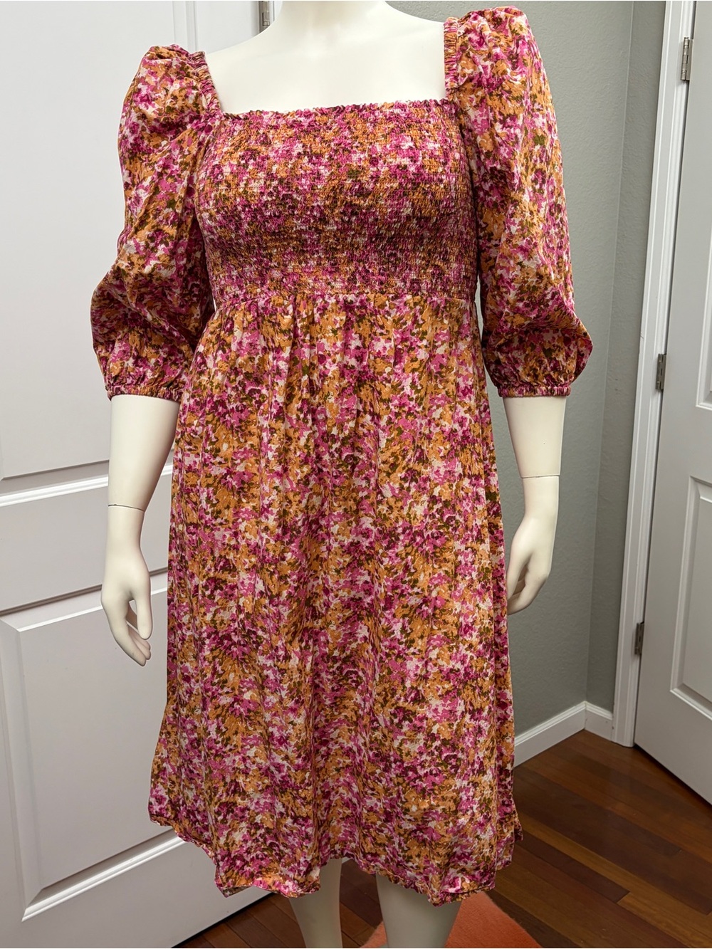 J. Crew Re-Imagined Floral Smocked Midi Dress Pink Orange Cotton Puff Sleeved L